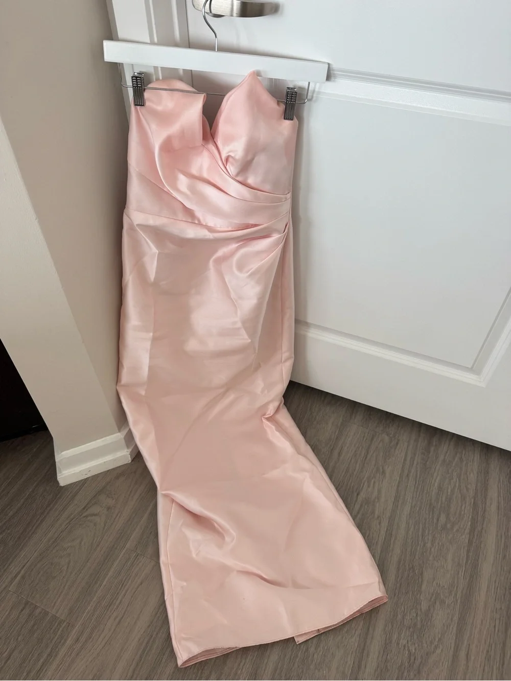 ALFRED SUNG Blush Pink Strapless Asymmetrical Draped Satin Gown